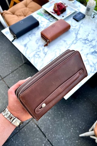 Tigan Unisex Antik Kahve Çift Fermuarlı Hakiki Deri Telefon Cüzdanı El Çantası Kahverengi