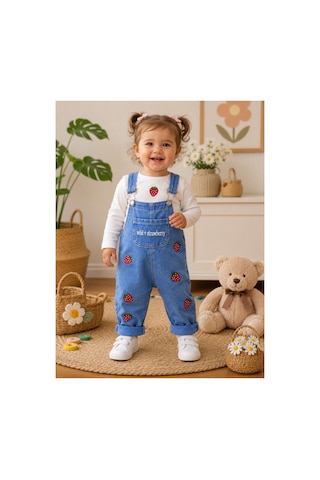 Baby Buu Çilek Nakışlı Denim Kotlu Mevsimlik 2'li Kız Bebek Salopet Tulum Takımı 6-9ay, 9-12ay, 12-18ay, 18-24ay Beyaz Beyaz