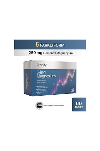 Longify 5-in-1 Magnesium Magnezyum Bisglisinat, Sitrat, Malat, L-treonat, Taurat Ve Taurin 60 Tablet