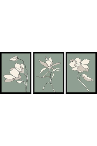 Modern Line Art Çiçekler Üçlü Çerçeveli Mdf Tablo Seti-174297