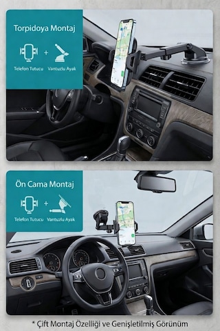360 Dönebilen Araç Telefon Tutucu - Çift Montajlı Ön Cam + Torpido Tüm Telefonlara Uyumlu Siyah