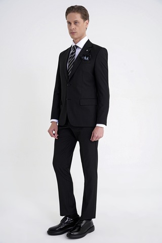 Efor Slim Fit Mono Yaka Esnek Yünlü Siyah Çizgili Takım Elbise Tk 942