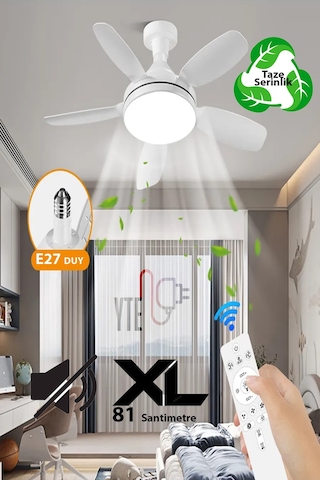 Sessiz Büyük Boy 81 Cm Tavan Vantilatörü E27 Duylu Uzaktan Kumandalı 3 Renk