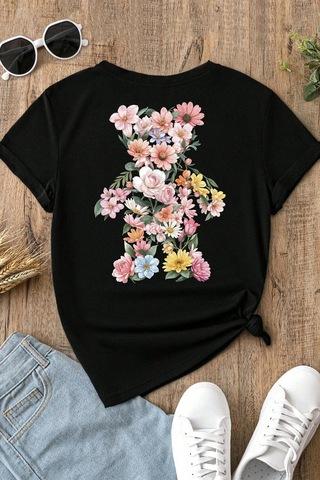 Spoyi Baharda Ayıcık Tasarımlı %100 Pamuk Yarım Oversize Siyah T-mhirt