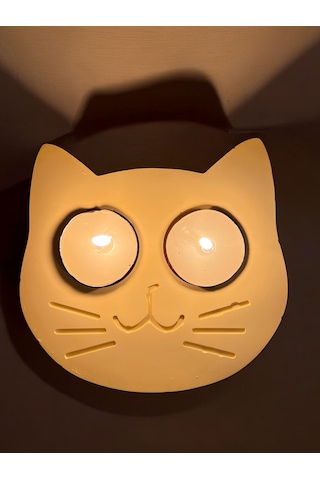 Sarı Kedi Şekilli Beton Mumluk - El Yapımı Dekoratif Çay Işığı Tealight Mumluk - Minimalist Kedi Tem Sarı
