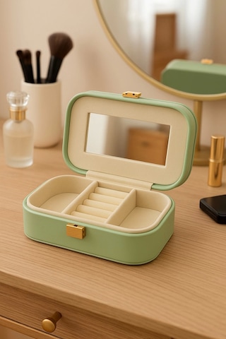 Deri Mini Seyahat Takı Bijuteri Mücevher Kutusu Organizer Düzenleyici 15cm Yeşil İthal Ürün