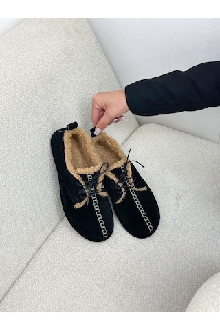 Erva'nın Butiği Siyah Hakiki Deri Sorry İçi Peluş Bağcıklı Kadın Ayakkabı-6395