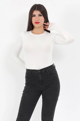 Giysa Kadın Ekru Bisiklet Yaka Uzun Kollu Esnek Çıtçıtlı Body Zıbın - 2439 Ekru