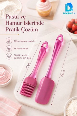 2 Li Silikon Spatula Ve Fırça Seti Pasta Hamur Kek Krema Sürme Karıştırma Mutfak Yardımcısı Pembe