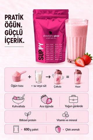 Suppy Strawberry Glow Çilekli Proteinli Öğün Tozu 600 G Çilek