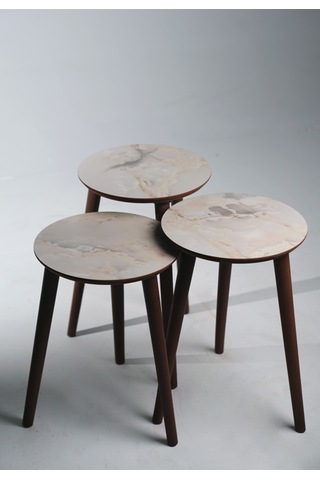 Madrid 3'lü Zigon Sehpa %100 Mdf Yuvarlak Buz Gri Mermer Desen