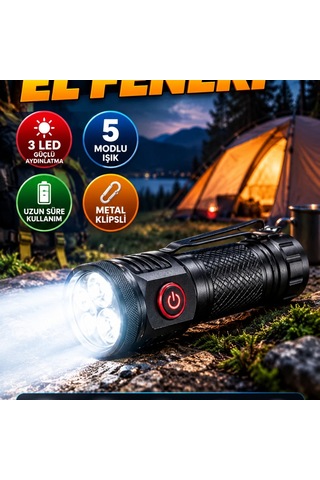 3 Led Mini El Feneri 5 Modlu Güçlü Aydınlatma Metal Klipsli