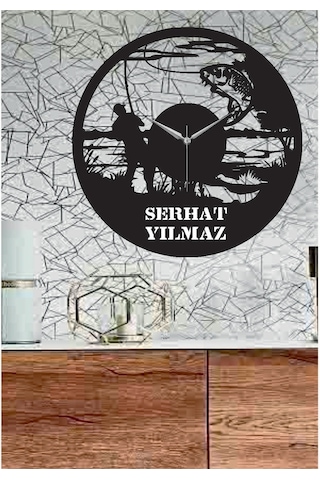 Kişiye Özel Isimli Fishman,Balık Adam Dekoratif Ahşap Duvar Saati Siyah
