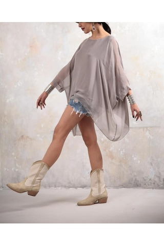 İtalyan Yarasa Kol İpek Bluz-8869 Vizon