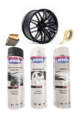 Presto Mat Siyah Sprey Jant Boyama Seti+vernik+astar 500 Ml.
