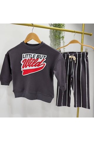 Little But Wild Baskılı Sweatshirt Erkek&kız Çocuk Antrasit Çizgili Eşofman Alt Üst 3ip Takım Siyah