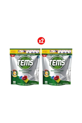 Tems 4 Etkili Bulaşık Makinesi Kapsül Deterjanı 2 x 56'lı