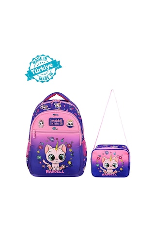 Waddell İlkokul Sırt Çantası ve Beslenme Çantası Kedi Mor-Pembe