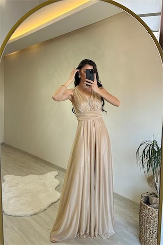 Neşeli Butik Kadın Drapeli Işıltılı Kalın Askılı Abiye Elbise Nm003 Sarı