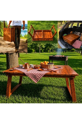 Katlanabilir Ahşap Piknik Balkon Masası - Taşınabilir Çanta Tasarımlı Kamp Ve Bahçe Masası 98x65x43 Cm Açık Ahşap