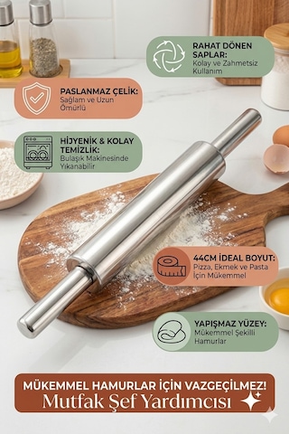 44 Cm Paslanmaz Metal Çelik Merdane Ergonomik Kulplu Çelik Profesyonel Hamur Açma Merdanesi