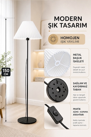 Metal Lambader Siyah 150 Cm Tek Ayaklı Pileli Beyaz Modern Kumaş Başlık Lam08