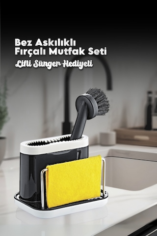 Grimorlife Fırçalı Telli Mutfak Seti Siyah- Standlı Plastik Mutfak Lifli Sünger Hediyeli Siyah