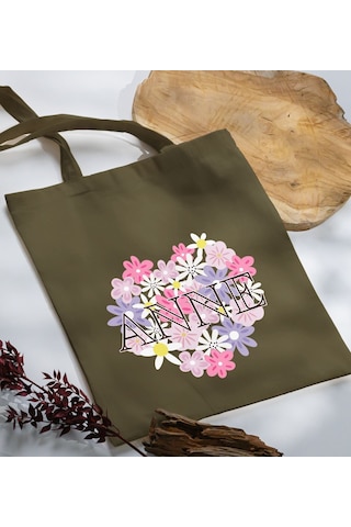 Bk Gift Anneler Günü Tasarımlı Haki Kumaş Bez Çanta, Baskılı Omuz Çantası, Alışveriş Çantası, Anneler Günü Hediyesi, Anneye Hediye-3 Çok Renkli