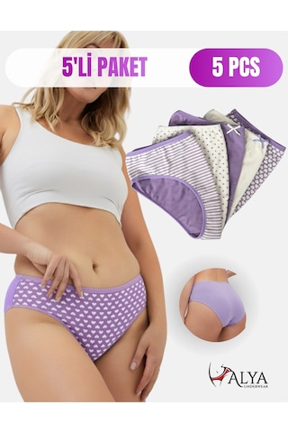 Alya Underwear Pamuklu Kadın Külot Slip Empirme Baskılı Yüksek Bel İç Çamaşırı - 5'li Paket - Lacivert Çok Renkli P28 Lila