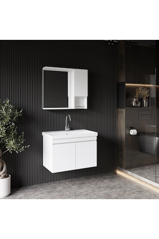 Karen Banyo Deniz Banyo Dolabı Seti, 80 Cm Beyaz, Lavabo Dahil, Lavabolu Beyaz