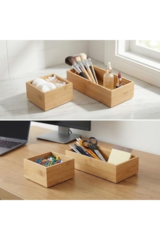 2&apos Li Çok Amaçlı Bambu Organizer Set - Büyük Ve Küçük Boy Banyo, Mutfak Ve Ofis Düzenleyici Kutu - Ahşap Dekoratif Saklama Seti 33x16x12 Cm & 15x15x6 Cm Açık Ahşap