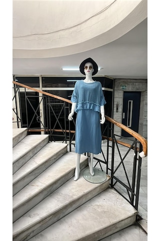 Eren Style İtalyan Saçak Detaylı Müslin Keteni Yırtmaçlı Elbise - Bluz & 2'li Takım-9905 Koyu İndigo