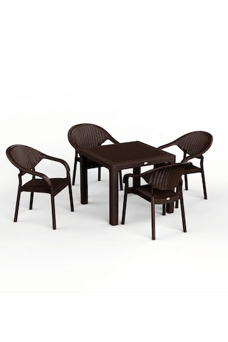 90 X 90 Bambu Plastik Rattan Camsız Bahçe Balkon Teras Kare Masa Takımı 4 Kolçaklı Sandalyeli Koyu Kahverengi