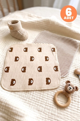 Just Inner Erkek Bebek 6'lı Pamuklu Ağız Mendili Ayıcık Ve Çizgili Desenli Kutulu Set Nefes Alan Doku 584202 Bej