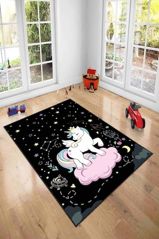 Siyah Kaymaz Tabanlı Yıkanabilir Unicorn Çocuk Halısı Ar1128