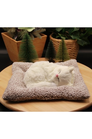 Minderde Uyuyan Sesli Peluş Kedi Cat Büyük Boy 22cmx25cm - Beyaz Kedi
