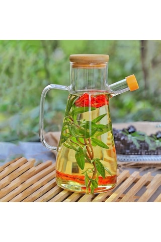 Yağdanlık Cam Şişe 900 Ml Bambu Vakumlu Kapak Ahşap Stantlı Tekli