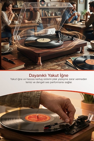 Bluetooth Aux Iğne Dahil Hoparlörlü Pikap Plak Çalar Ahşap