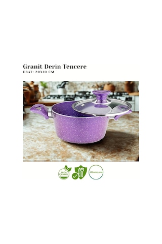 20 Cm Granit Derin Tencere Cam Kapak - Violet Violet