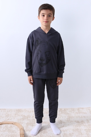 Erkek Çocuk Kapşonlu Eşofman Takımı Kurt Baskılı F10 Füme