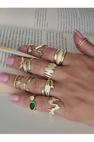 Üçlü Çapraz Zirkon Taşlı Model Ayarlanabilir Gold Altın Renkli Yüzük Gold