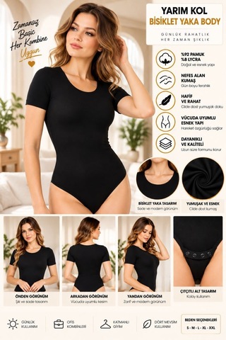 Kadın Yarım Kol Bisiklet Yaka Çıtçıtlı Body Siyah, Esnek Kumaş, Vücuda Oturan Basic Body - Ryl - 2721 Xl