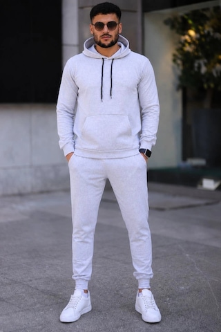 Moda Erkek İki İplik Kapüşonlu Kanguru Cepli Sweatshirt Jogger Pantolon Alt Üst Eşofman Takımı -beyaz Çok Renkli
