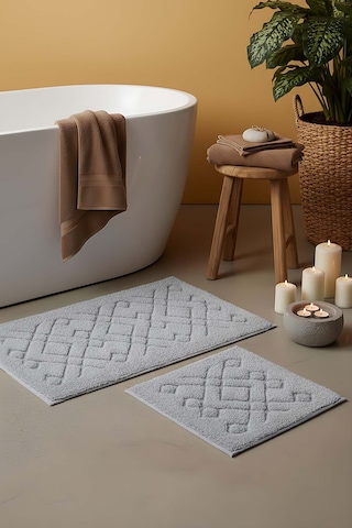 Geometrik Desenli Pamuklu 2 Li Banyo & Klozet Paspas Takımı Gri