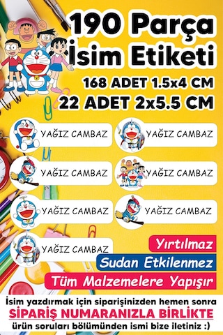 Okul Etiketi Kalem Defter Etiketi Doraemon Temalı Özel Isim Yazılabilen Etiket - 190 Adet
