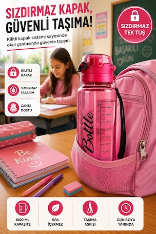 Pembe 1 Litre Suluk Matara Sızdırmaz Kilitli Kapaklı Bpa İçermez Okul Spor Su Şişesi 1000 Ml Askılı