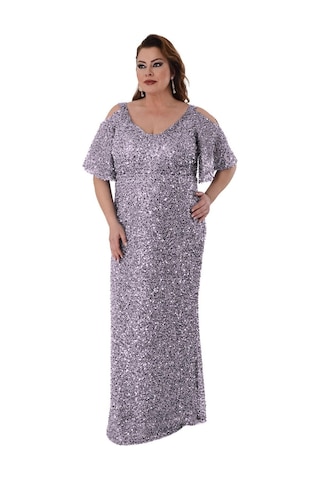 Lilas Xxl Kadın Büyük Beden Full Pul Payet İşlemeli Yarım Kol Maxi Boy Abiye Elbise 2530 Lila Lila