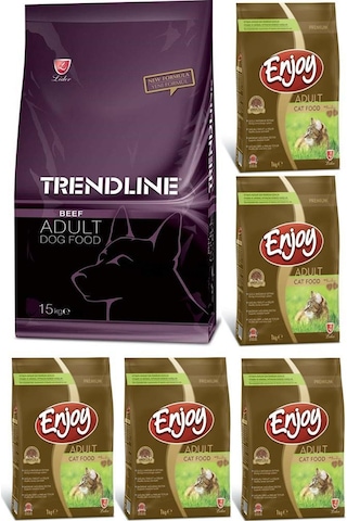 Trendline Dog Biftekli Köpek Maması 15 KG ve  Enjoy Tavuk Etli Yetişkin Kedi Maması 5 x 1 KG