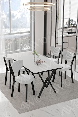Avvio Carla Elma Sandalye 80x120 Yemek Masası Mutfak Masası 4 Kişilik Masa Sandalye Takım Düz Beyaz
