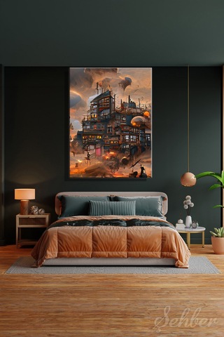 Dikey Kanvas Tablo Tekli Ev Kafe Ofis Steampunk Veya Post-apokaliptik Şehir Konsepti 2725